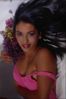 Dark haired model in pink swimsuit with flowers.jpg